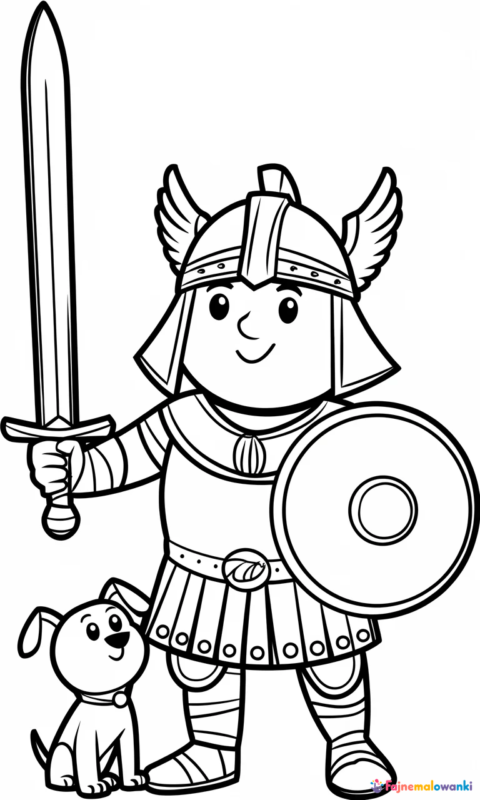 kolorowanka dla dzieci z zabawnym wojownikiem w zbroi i hełmie oraz jego małym psim przyjacielem do pokolorowania - kolorowanki asterix