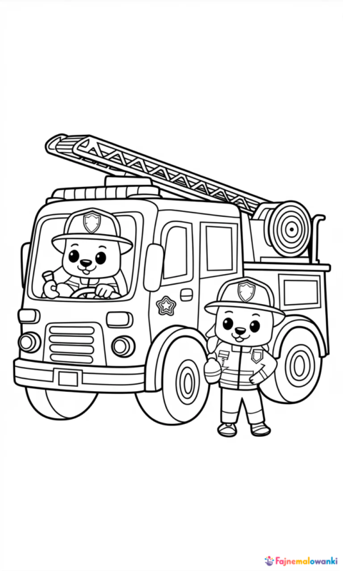 Kolorowanka dla dzieci przedstawiająca wóz strażacki ze zwierzątkami strażakami do pokolorowania - kolorowanki świnka peppa