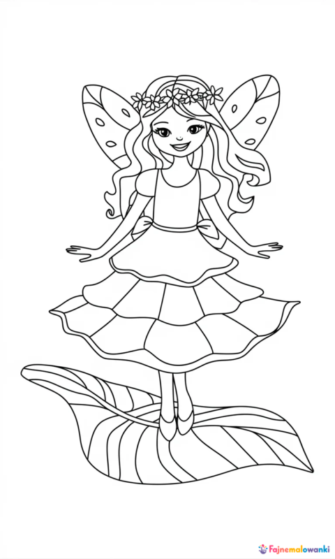 kolorowanka dla dzieci z uroczą wróżką leśną na liściu