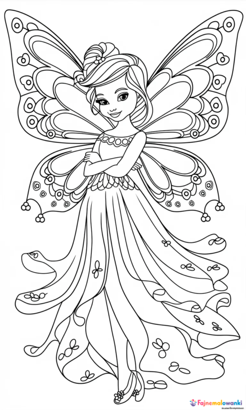 Kolorowanka z uroczą wróżką w sukience i skrzydłami motyla