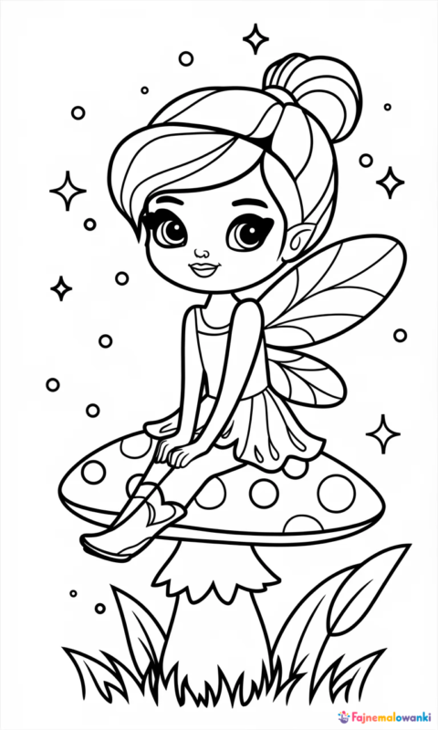 kolorowanka dla dzieci z małą wróżką siedzącą na grzybku