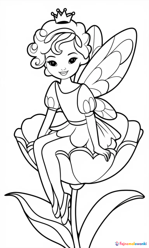kolorowanka dla dzieci przedstawiająca małą wróżkę siedzącą na płatkach kwiatu