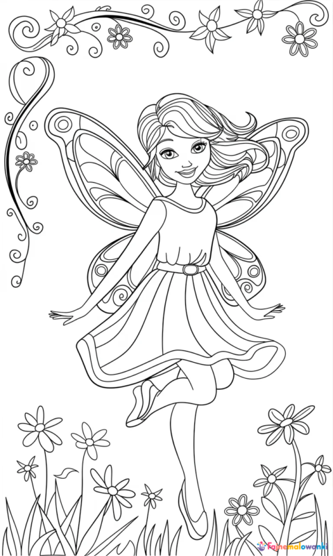 kolorowanka dla dzieci z uroczą wróżką w sukience i skrzydłami motyla w zaczarowanym ogrodzie do pokolorowania - kolorowanki calineczka