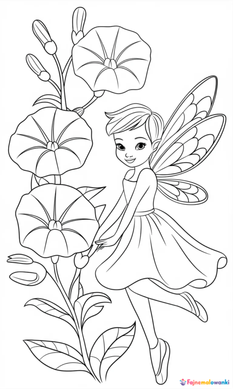 kolorowanka dla dzieci z wróżką w ogrodzie kwiatów