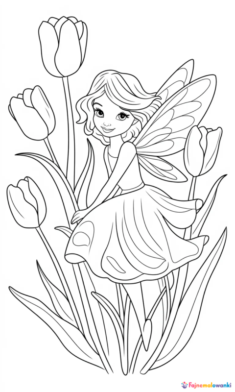 kolorowanka dla dzieci z małą wróżką w ogrodzie tulipanów