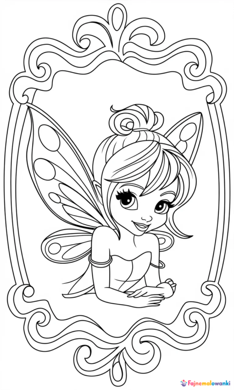 kolorowanka dla dzieci z magiczną wróżką w ozdobnej ramce