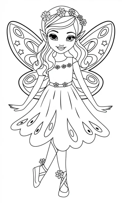 Kolorowanka dla dzieci z uroczą wróżką w sukience i skrzydłami