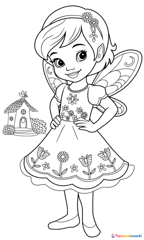 kolorowanka dla dzieci z uśmiechniętą wróżką w kwiecistej sukience i skrzydłami do pokolorowania - kolorowanki mia i ja