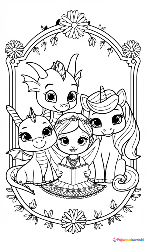 kolorowanka dla dzieci z bajkową sceną przedstawiającą wróżkę czytającą książkę w towarzystwie magicznych stworzeń - kolorowanki enchantimals