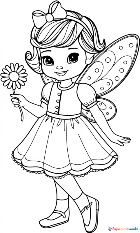 Kolorowanka dla dzieci z uroczą wróżką w sukience trzymającą kwiatek
