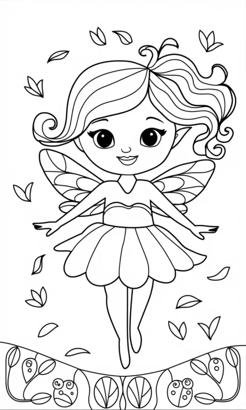 kolorowanka dla dzieci przedstawiająca uroczą wróżkę w sukience z motylami i listkami do pokolorowania - kolorowanki calineczka