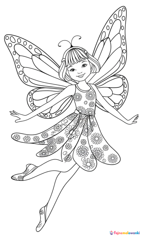 kolorowanka dla dzieci przedstawiająca latającą wróżkę w sukience z motylimi skrzydłami do pokolorowania - kolorowanki mia i ja