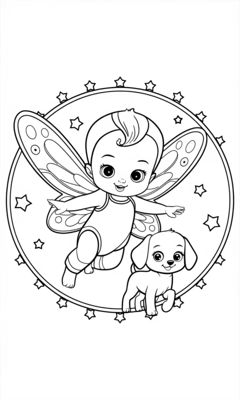 Kolorowanka dla dzieci z małą wróżką i szczeniaczkiem w okrągłej ramce