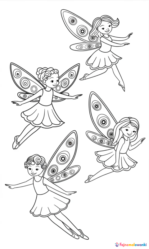kolorowanka dla dzieci z trzema wróżkami unoszącymi się w powietrzu