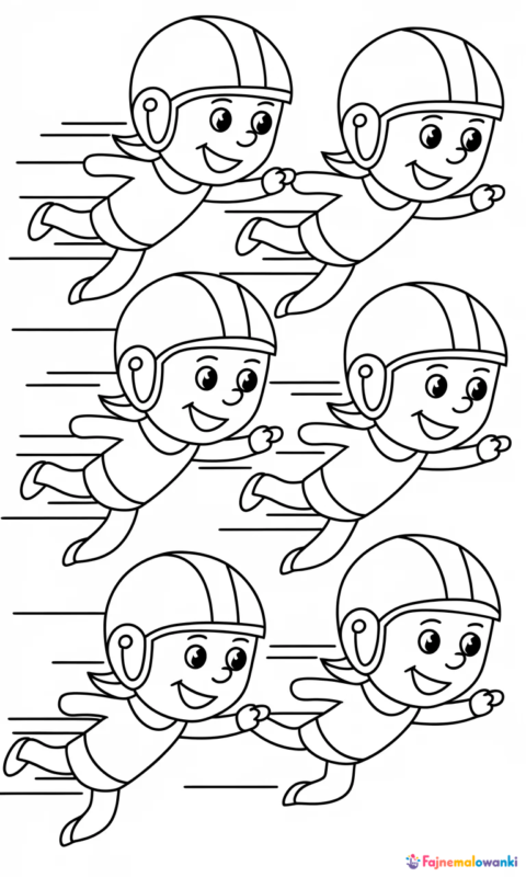 kolorowanka sportowa dla dzieci przedstawiająca zawodników w kaskach podczas wyścigu
