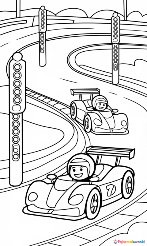 kolorowanka wyścigi samochodowe dla dzieci z dwoma autami wyścigowymi i kierowcami na torze - kolorowanki babelkowy swiat gupikow