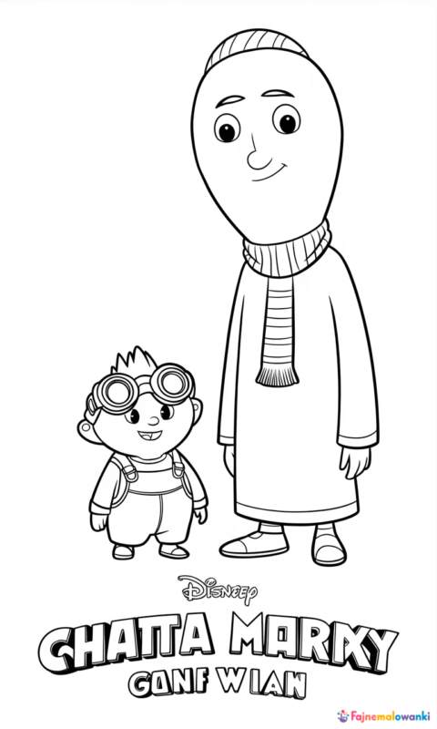 kolorowanka dla dzieci z zabawnym wysokim bohaterem i jego małym pomocnikiem w kombinezonie