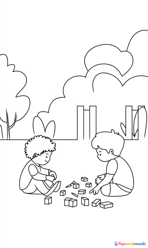 kolorowanka dla dzieci przedstawiająca dwie postacie bawiące się zabawkami na podwórku