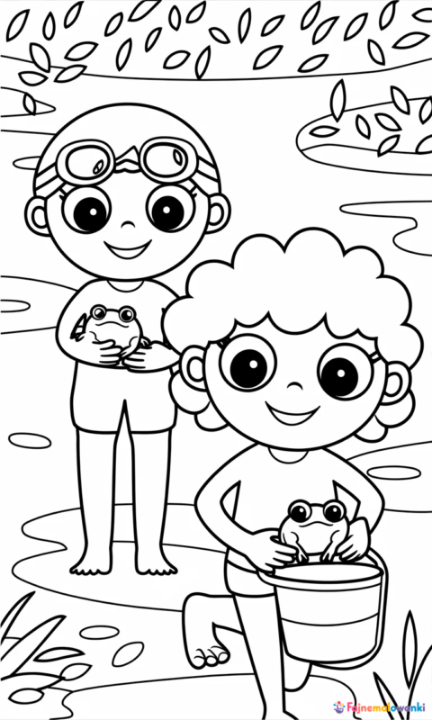 kolorowanka dla dzieci przedstawiająca dwójkę dzieci bawiących się żabkami nad stawem