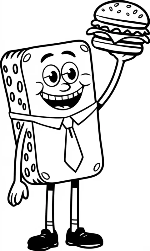 Kolorowanka dla dzieci przedstawiająca wesołą gąbkę morską z hamburgerem do pokolorowania - spongebob kanciastoporty kolorowanki