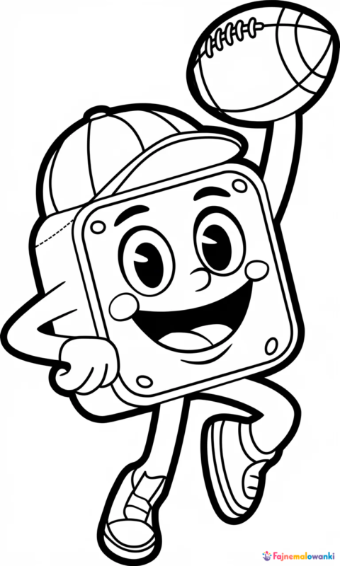 kolorowanka dla dzieci z wesołą gąbką w czapce baseballowej trzymającą piłkę do futbolu amerykańskiego - spongebob kanciastoporty kolorowanki