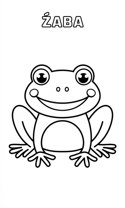 kolorowanka dla dzieci przedstawiająca uśmiechniętą żabę w pozycji siedzącej