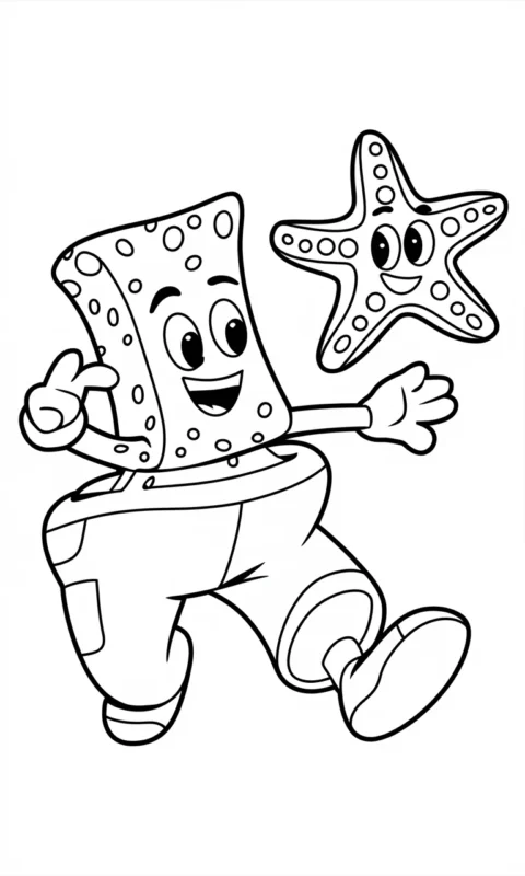Kolorowanka dla dzieci z wesołą gąbką morską i rozgwiazdą w zabawnych pozach