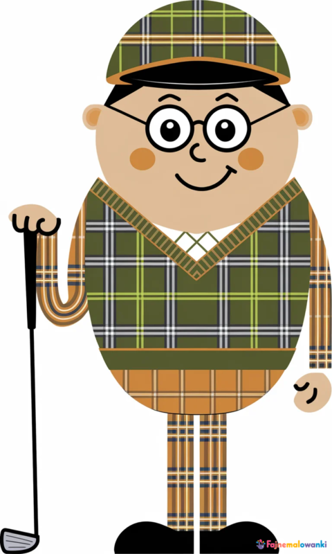 kolorowanka dla dzieci z zabawnym golfistą w czapce i swetrze