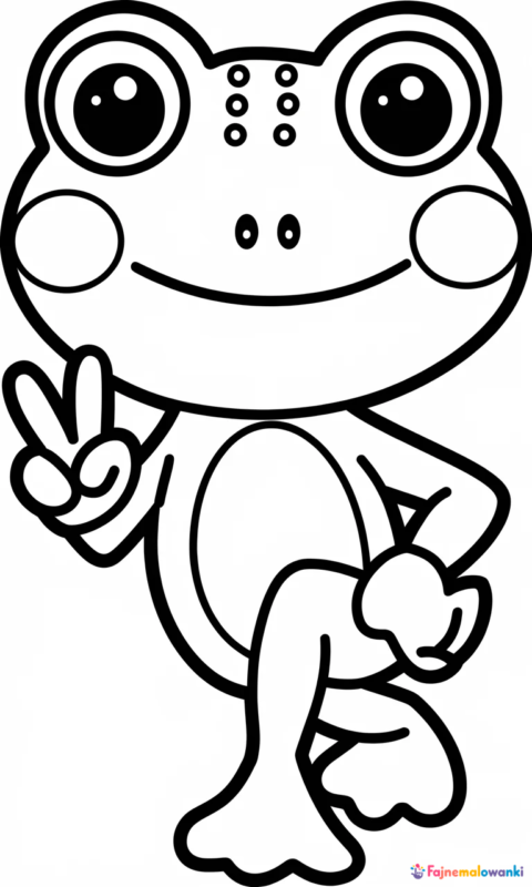 Kolorowanka dla dzieci z uroczą żabką w stylu kawaii robiącą znak pokoju