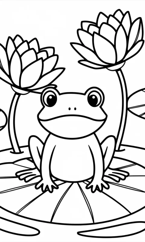 kolorowanka dla dzieci przedstawiająca żabkę na listku lilii wodnej z kwiatami do pokolorowania - kolorowanki żaba