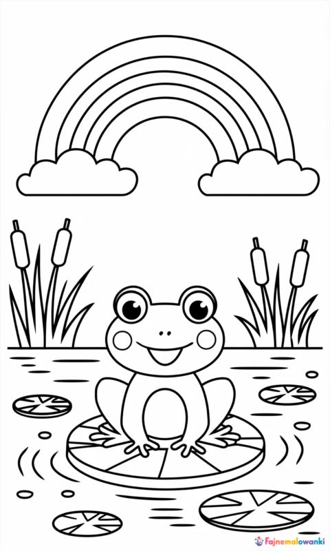 kolorowanka dla dzieci przedstawiająca żabkę na lilii wodnej z tęczą i stawem - kolorowanki żaba