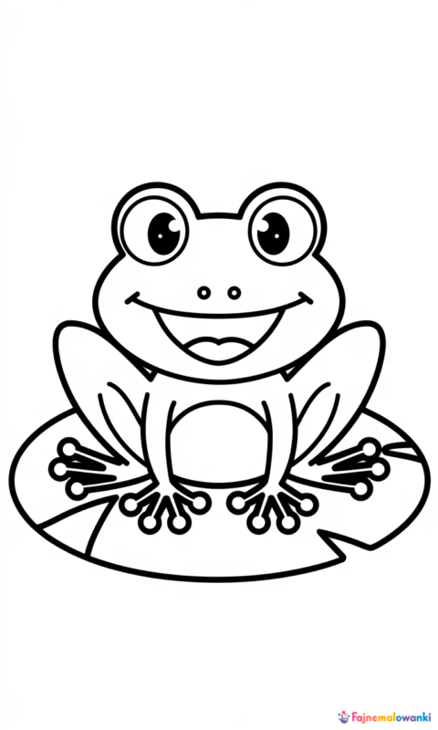 kolorowanka dla dzieci przedstawiająca uśmiechniętą żabkę siedzącą na liściu lilii wodnej do pokolorowania - kolorowanki żaba