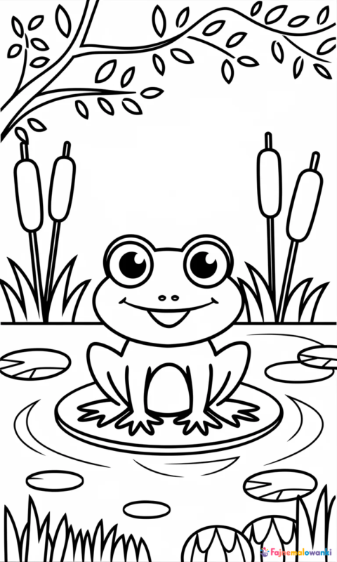 kolorowanka dla dzieci z uśmiechniętą żabką siedzącą na liściu lilii wodnej w stawie - kolorowanki żaba