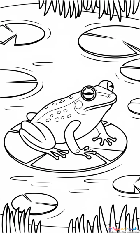 kolorowanka dla dzieci przedstawiająca żabkę siedzącą na liściu lilii wodnej w stawie - kolorowanki żaba