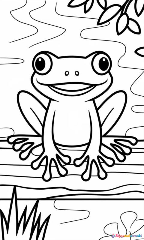 kolorowanka dla dzieci przedstawiająca uśmiechniętą żabkę siedzącą na gałęzi nad wodą