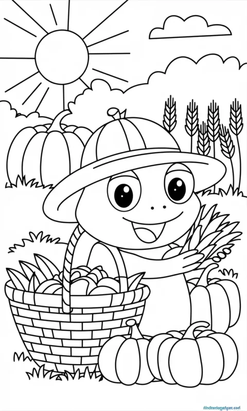 kolorowanka dla dzieci przedstawiająca żabkę ogrodnika ze zbiorami warzyw i owoców w koszyku - kolorowanki żaba