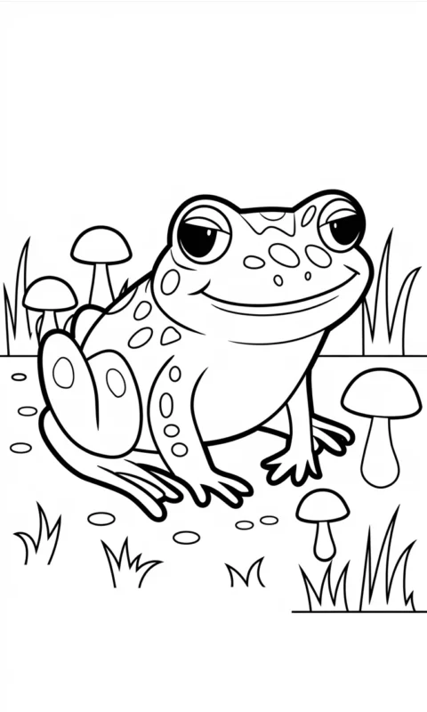 kolorowanka dla dzieci przedstawiająca żabkę siedzącą na trawie obok grzybków