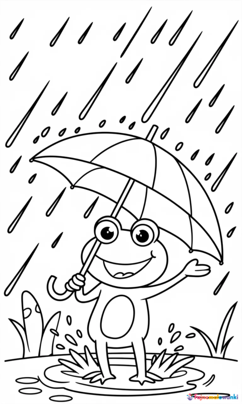 Kolorowanka dla dzieci przedstawiająca wesołą żabkę z parasolem bawiącą się w deszczu