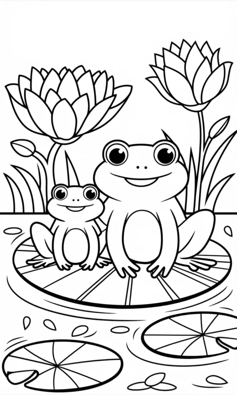 kolorowanka dla dzieci przedstawiająca dwie żabki na listku lilii wodnej z kwiatami do pokolorowania - kolorowanki żaba