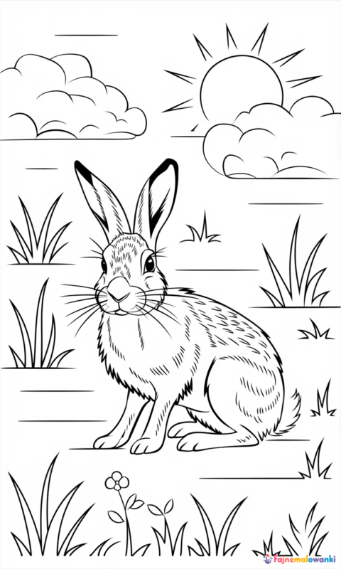 kolorowanka dla dzieci przedstawiająca zajączka na łące z chmurkami i słońcem