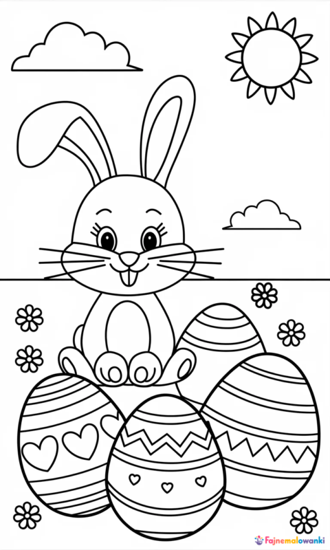 Kolorowanka wielkanocna dla dzieci z zajączkiem i ozdobnymi pisankami wśród kwiatków - kolorowanki wielkanocne