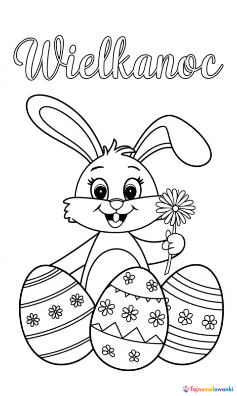 Kolorowanka wielkanocna z uśmiechniętym zajączkiem trzymającym dmuchawiec