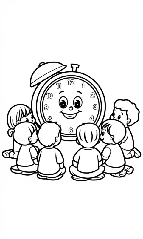 kolorowanka edukacyjna z wesołym zegarem i dziećmi