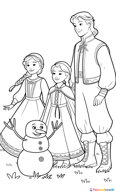 Kolorowanka dla dzieci z magiczną sceną zimową - postacie w strojach królewskich i wesoły bałwanek do pokolorowania - frozen kraina lodu kolorowanki