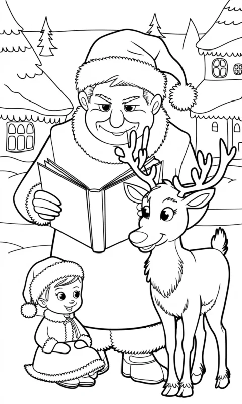 kolorowanka świąteczna dla dzieci - postać czytająca książkę małej dziewczynce i reniferowi