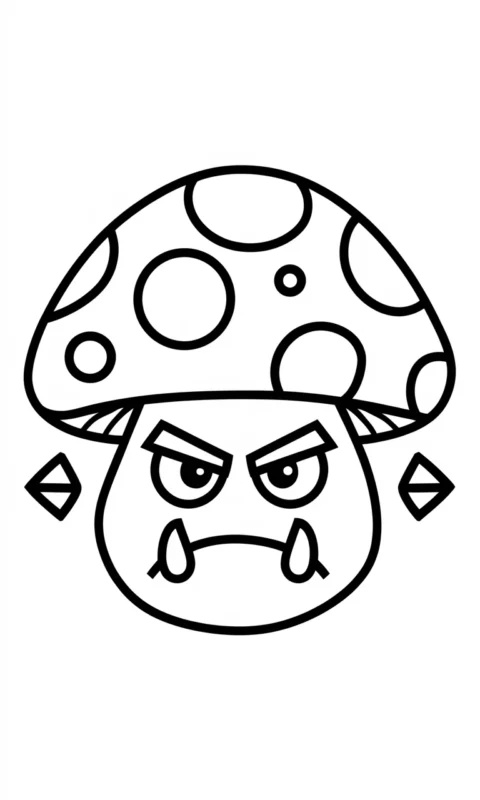 Kolorowanka dla dzieci z zabawnym grzybkiem o złym wyrazie twarzy