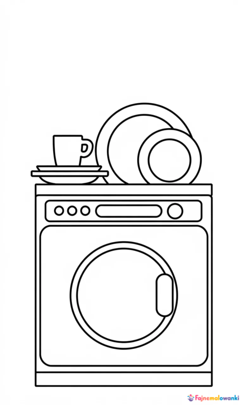 kolorowanka dla dzieci przedstawiająca zmywarkę kuchenną z naczyniami do pokolorowania - kolorowanki kuchnia