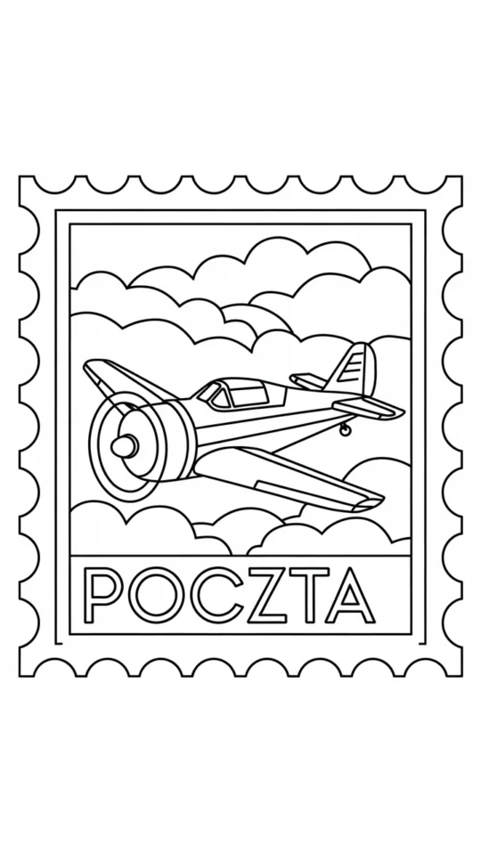 Kolorowanka: Znaczek Pocztowy z Samolotem do Druku dla Dzieci