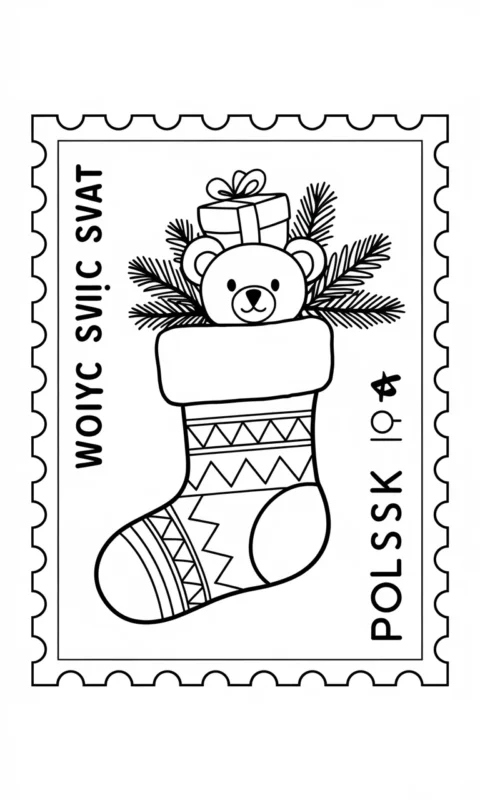 Kolorowanka świąteczna z wzorem znaczka pocztowego przedstawiającego skarpetę bożonarodzeniową z misiem - kolorowanki dzień znaczka pocztowego