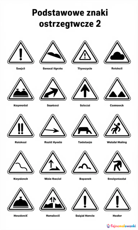 Kolorowanka dla dzieci przedstawiająca podstawowe znaki drogowe ostrzegawcze do nauki bezpieczeństwa ruchu drogowego - kolorowanki znaki drogowe